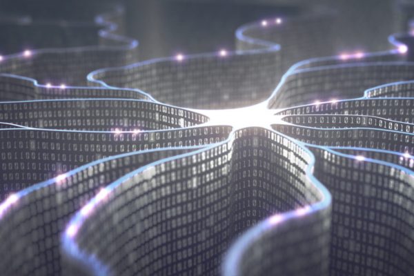 Artificial neuron in concept of artificial intelligence. Wall-shaped binary codes make transmission lines of pulses and/or information in an analogy to a microchip. Neural network and data transmission.